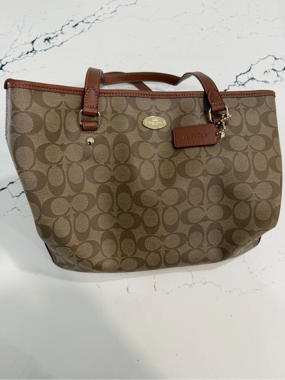Coach Signature Canvas Brown Tan Zip Top Tote Bag Leather Trim